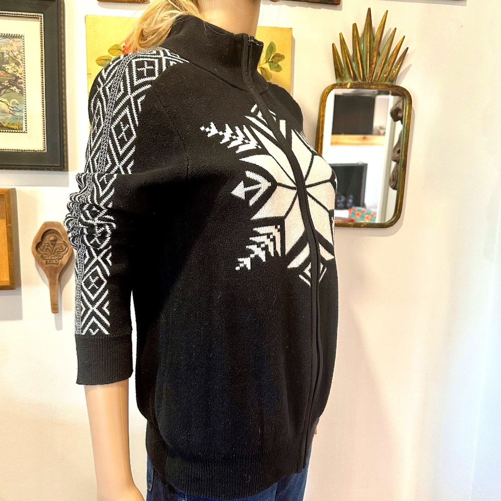 Lauren Ralph Lauren Active Black and White Snowflake Zip Up Sweater Sz L